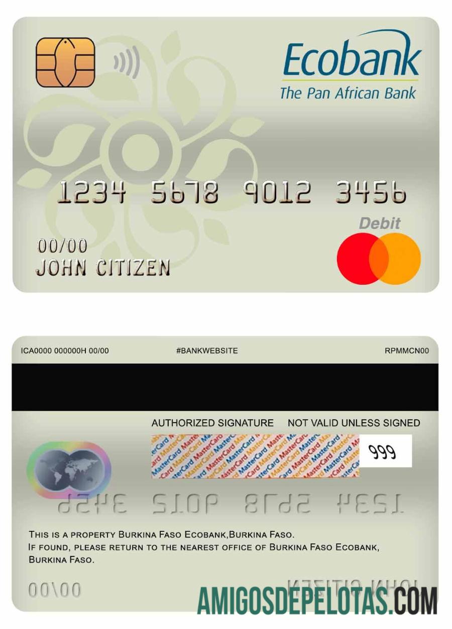 Cartão de débito Burkina Faso Ecobank Bank Mastercard exemplo real